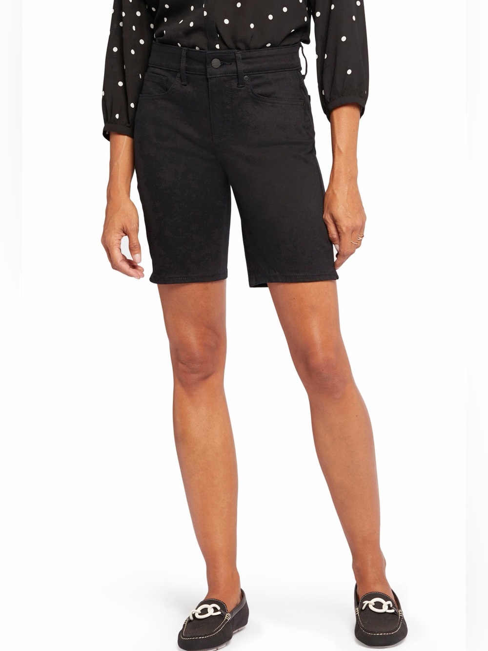 NYDJ Ella Bermuda Shorts Lift Tuck Slimming Stretch Denim Black Side Slit 8P NEW